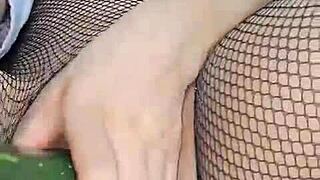 colombian milf squirts hard shoving cucumber deep in wet pussy