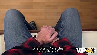 Vip4k. Cheating babe in stockings fucks old husband watching cuckold small tits