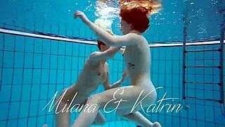 What happens when Milana and Katrin strip bikinis off underwater at the pool?