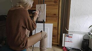 Blonde Babe in Glasses Paints Her Pretty Pussy Flower