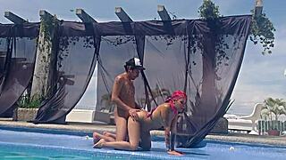 Latina cousin skips swimsuit at pool and flashes big ass