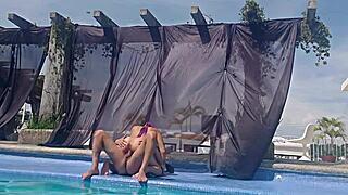 Latina cousin skips swimsuit at pool and flashes big ass