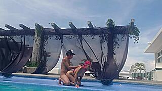 Latina cousin skips swimsuit at pool and flashes big ass