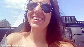 naughty brunette babe flashes her natural small tits and pussy from sports car top down outdoors