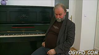 perverted young russian gal fingers pussy on old man's stiff cock hardcore