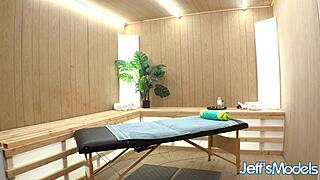 Hot BBW Remi Ferdinand's Hairy Pussy Rubbed Intensely by Masseur