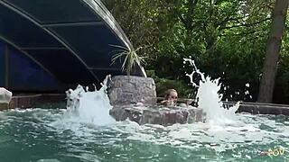 Playful Skinny Lesbian Teens Lick Shaved Pussies with Dildos Poolside Closeup!