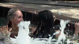 Playful Skinny Lesbian Teens Lick Shaved Pussies with Dildos Poolside Closeup!