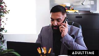 bisexual boss blasts facial on naughty secretary while bf helps in mmf threesome 😏💦