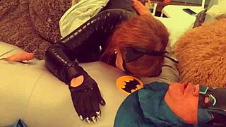 GRANNY CATWOMAN SUCKS BATMAN CLOSE UP IN FISHNETS! bbw cougar deepthroats moaning hardcore cosplay corset heels