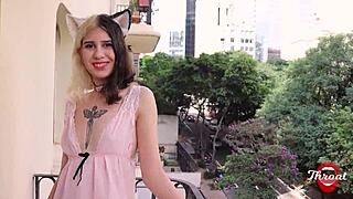 short-haired skinny teen otaku deepthroats on balcony, facial cumshot dripping down her small tits
