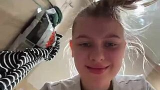 crazy blonde teen fingers big natural tits pussy outdoors on webcam, public orgasm dildo frenzy