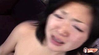 chubby asian from tokyo stuffs huge dildo in before real cock