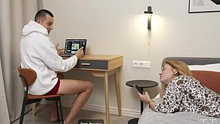 blonde student with glasses deepthroats bodybuilder's cock then gets fucked hard instead of buying bike