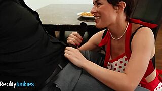 naughty housewife sucks neighbor's monster cock then gets perky tits cum-washed in garage