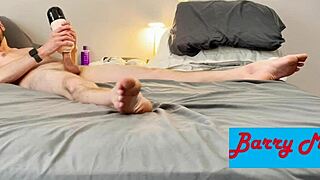 jacking off switches to vibrating sucking blowjob toy on monster cock