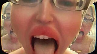 glasses-wearing beauty's endless yawns unleash a torrent of saliva and tongue play