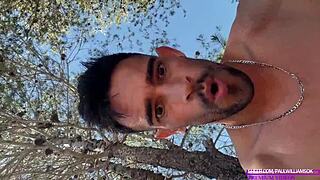 big cock bodybuilder strokes monster dick naked on trail