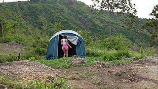 College Girlfriend Deepthroats Boyfriend Hard During Camping Blowjob