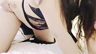 He slides into his wife's lingerie spotting her chubby ass in fishnets and skirt