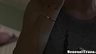 Sensual shemale in lingerie fingers pierced pussy then fucks mature babe