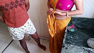 naughty maid sneaks up on busty bride in kitchen for wild pounding