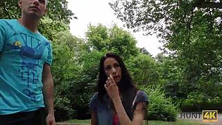 Dude, watch your girl Liliane get fucked hard for cash in the park while you stare