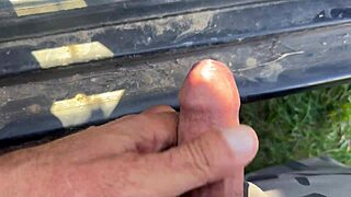 blonde milf caught masturbating pussy in car turns into risky outdoor handjob