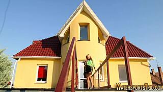 Fetish slut in stockings gargles warm piss like a pro