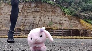 Japanese crossdresser crushes soft toys in intense fetish play session
