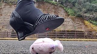 Japanese crossdresser crushes soft toys in intense fetish play session