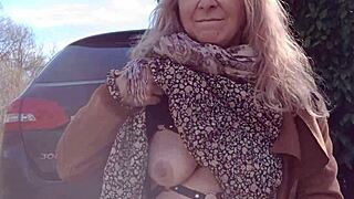 omg french milf slave chained up flashing tits outdoors then humiliated in public toilet 😈🔥