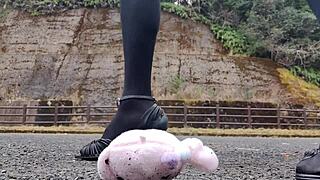 Japanese crossdresser crushes soft toys in intense fetish play session