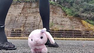 Japanese crossdresser crushes soft toys in intense fetish play session