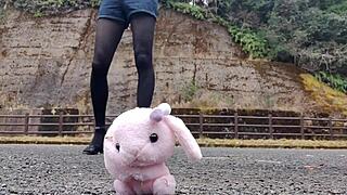 Japanese crossdresser crushes soft toys in intense fetish play session