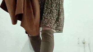 omg french milf slave chained up flashing tits outdoors then humiliated in public toilet 😈🔥