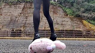 Japanese crossdresser crushes soft toys in intense fetish play session