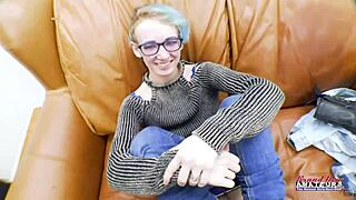 Color-Haired Raven Petite Blonde Fingers Shaved Pussy Rims Ass Swallows Cum from Juicy Cock Pov