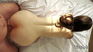 Skinny 18yo beauty with small waist gets ass and pussy fucked rough then cum on ass