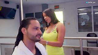 slutty latina brunette stylist with huge tits seduces client fucking tight squirting pussy during haircut