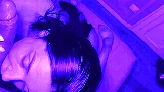 Raw blowjob creampie throbs in blue light room
