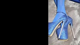 Sexy babe slips into pantyhose with blue high heels