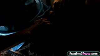 Stepdad watches as teen drops to knees begging to suck his massive cock deep