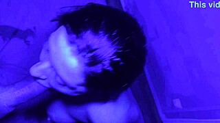 Raw blowjob creampie throbs in blue light room