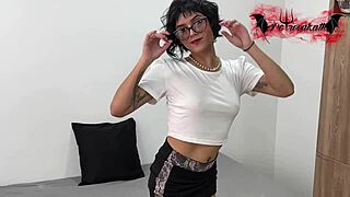 Colombian teen slut in costume slurps sloppy blowjob before pussy dildo pounding