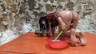 Ts shemale pees in gaping ass while stretching toilet with small cock and cucumber