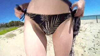 brunette milf rides monster cock doggystyle on beach then pussy gaping