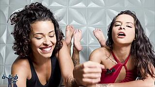 experienced brazilian brunettes flaunt foot skills in homemade tease