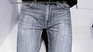 Amateur Homemade Jeans Peeing Closeup in Public Toilet Stall