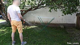 Girlfriend bends over in shorts hanging laundry so i spray cum on her ass and fuck her wildly outdoors